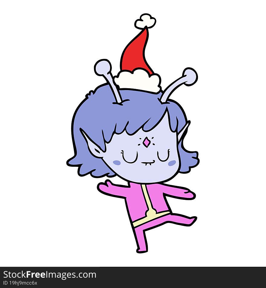 line drawing of a alien girl wearing santa hat