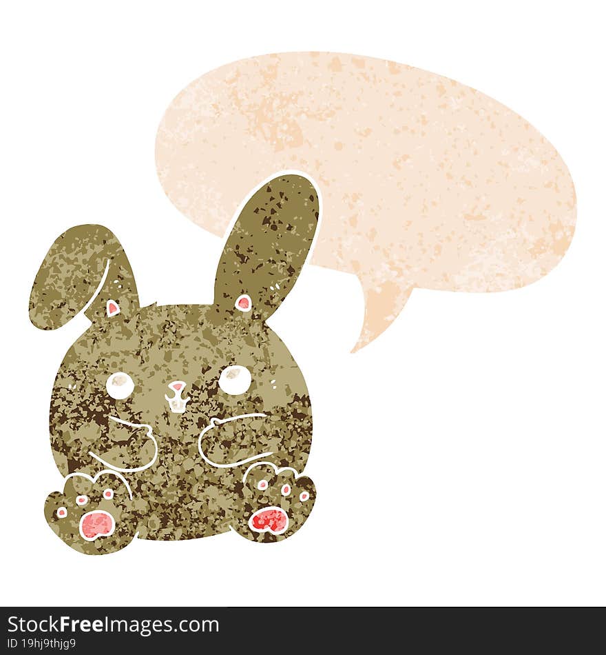 cartoon rabbit with speech bubble in grunge distressed retro textured style. cartoon rabbit with speech bubble in grunge distressed retro textured style