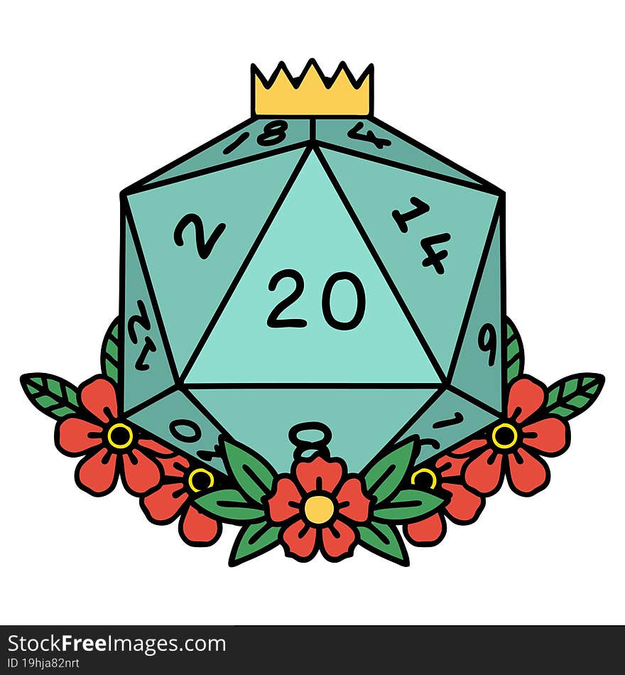 natural 20 D20 dice roll with floral elements illustration