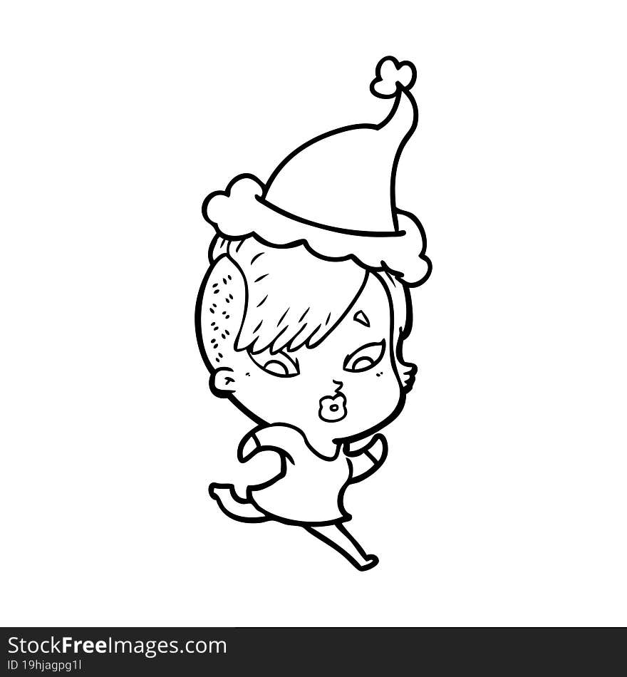 Line Drawing Of A Surprised Girl Wearing Santa Hat