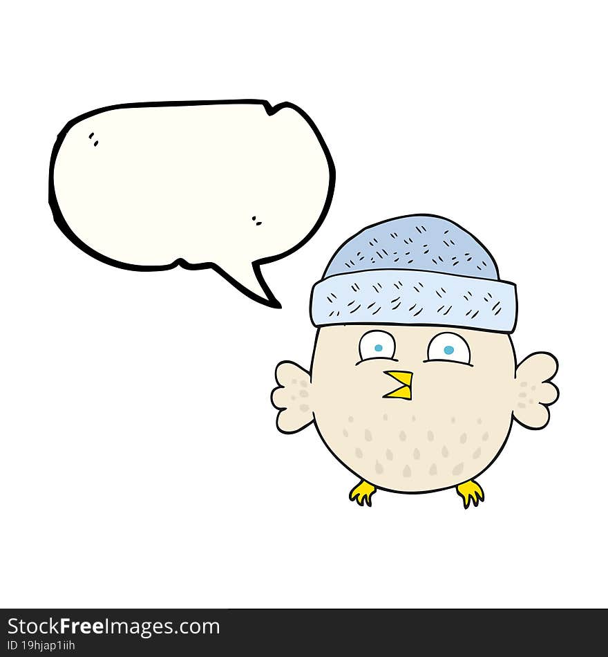 freehand drawn speech bubble cartoon owl wearing hat