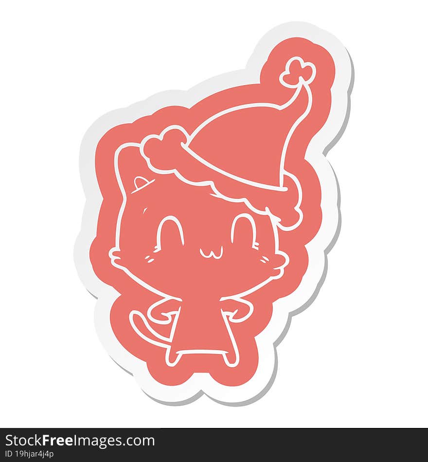 cartoon  sticker of a happy cat wearing santa hat