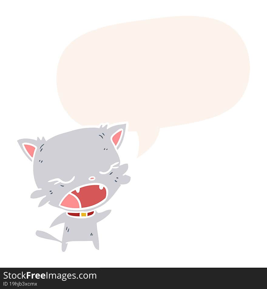 cute cartoon cat talking with speech bubble in retro style