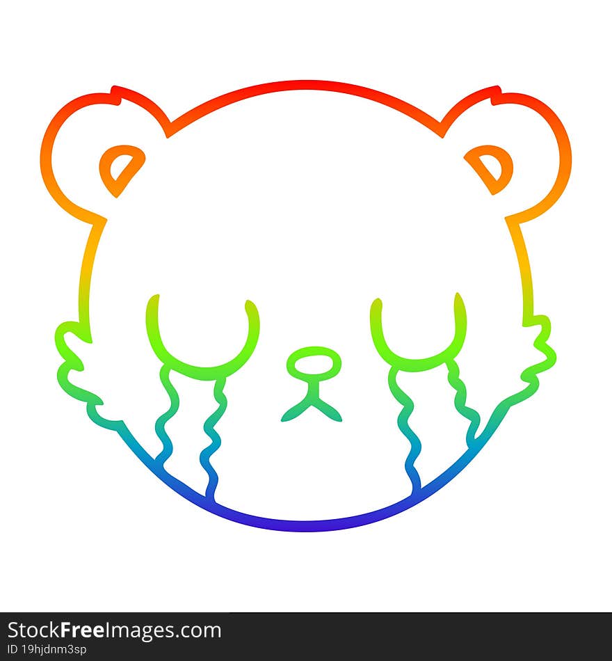 rainbow gradient line drawing of a cute cartoon teddy bear face crying