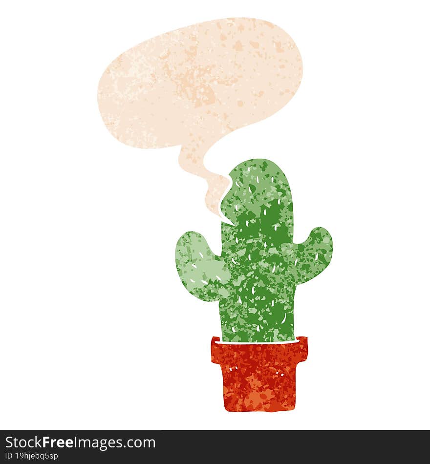 cartoon cactus and speech bubble in retro textured style