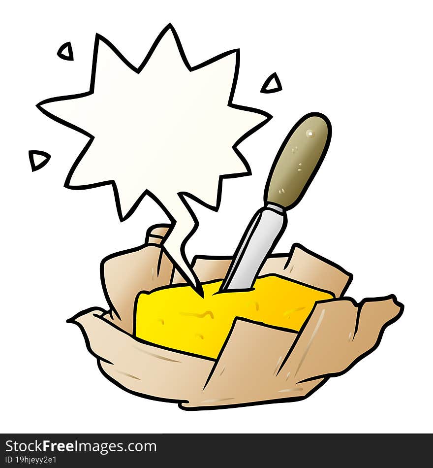 cartoon traditional pat of butter with knife with speech bubble in smooth gradient style. cartoon traditional pat of butter with knife with speech bubble in smooth gradient style