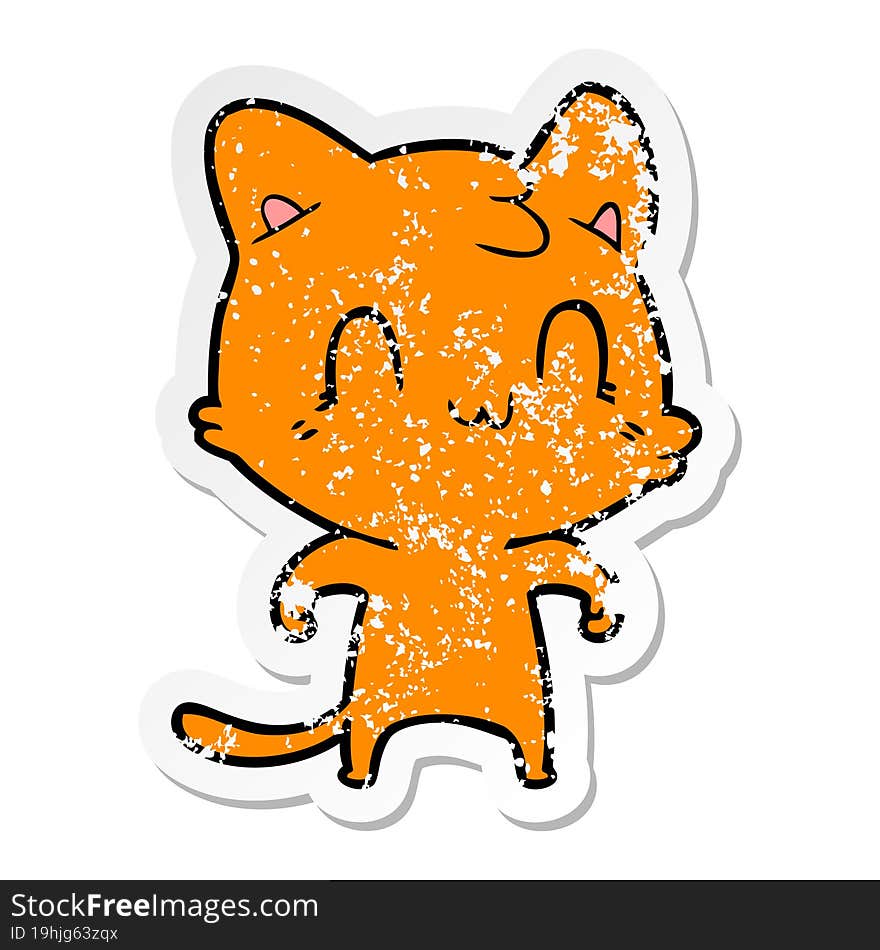 distressed sticker of a cartoon happy cat