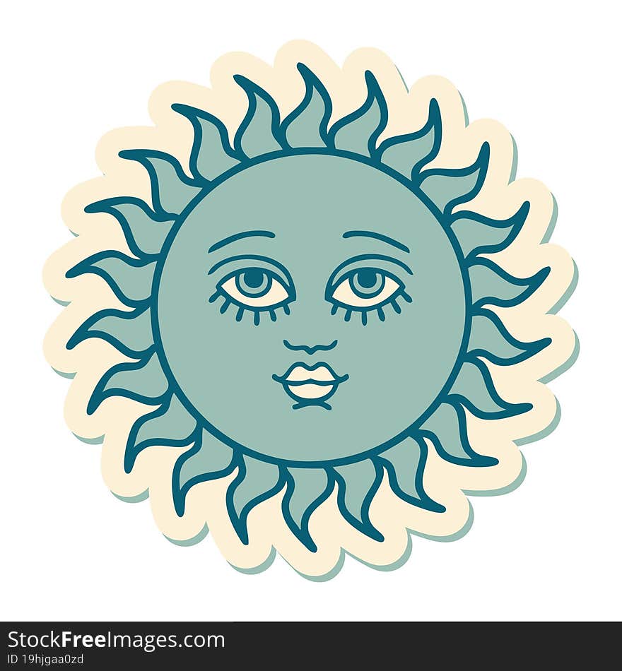 tattoo style sticker of a sun with face