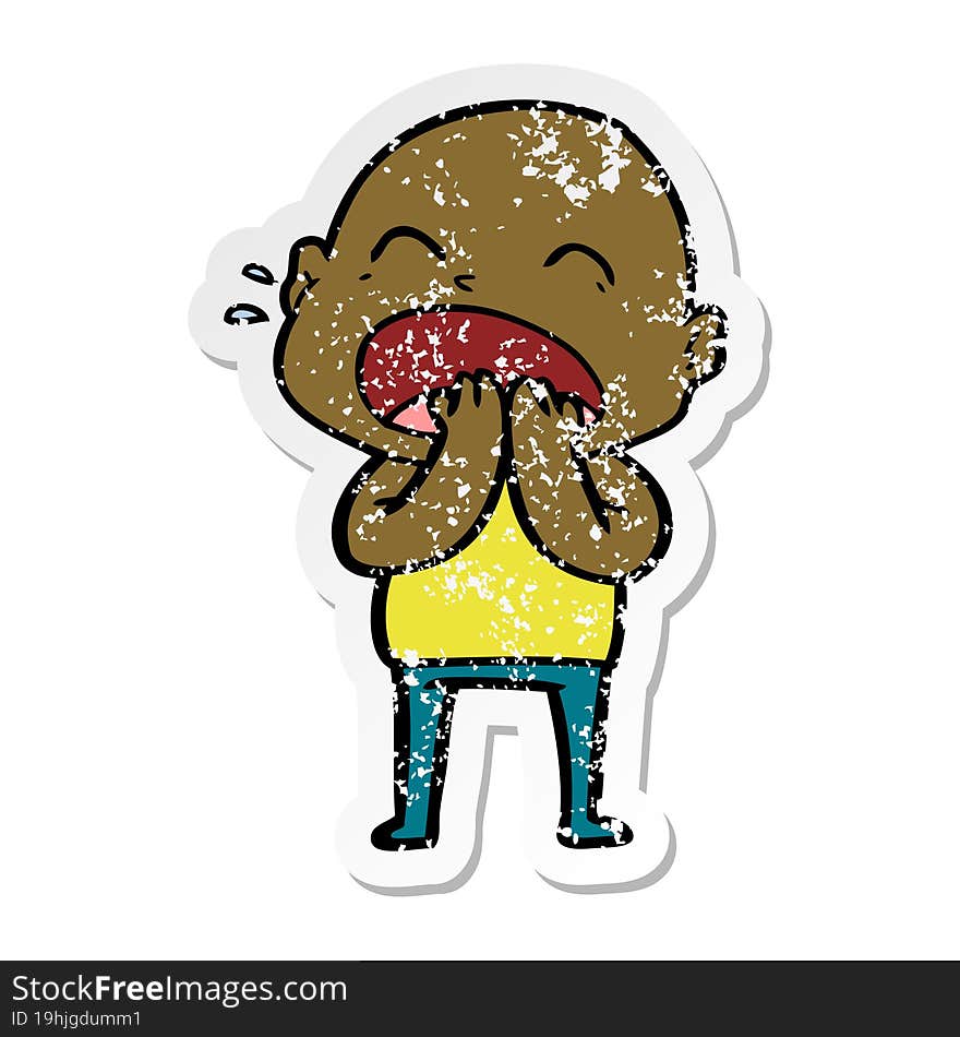 distressed sticker of a cartoon shouting bald man