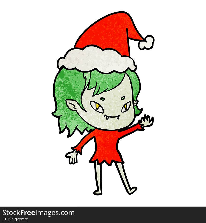 textured cartoon of a friendly vampire girl wearing santa hat