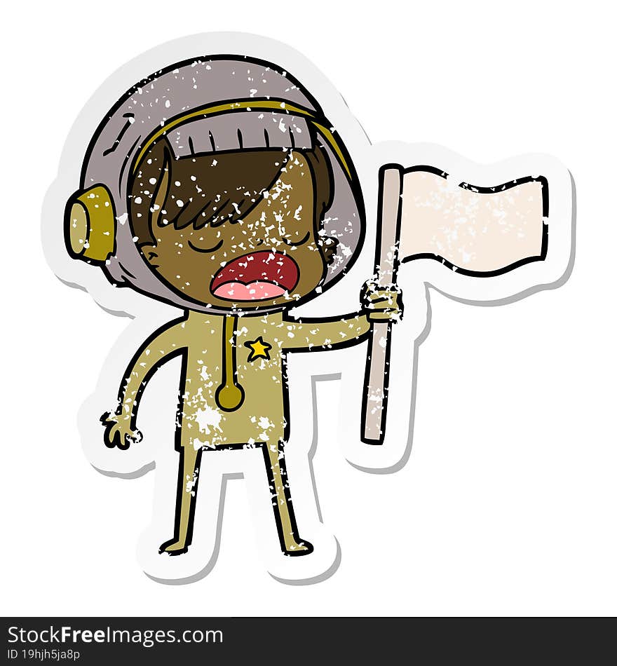 Distressed Sticker Of A Cartoon Astronaut Woman Waving Flag