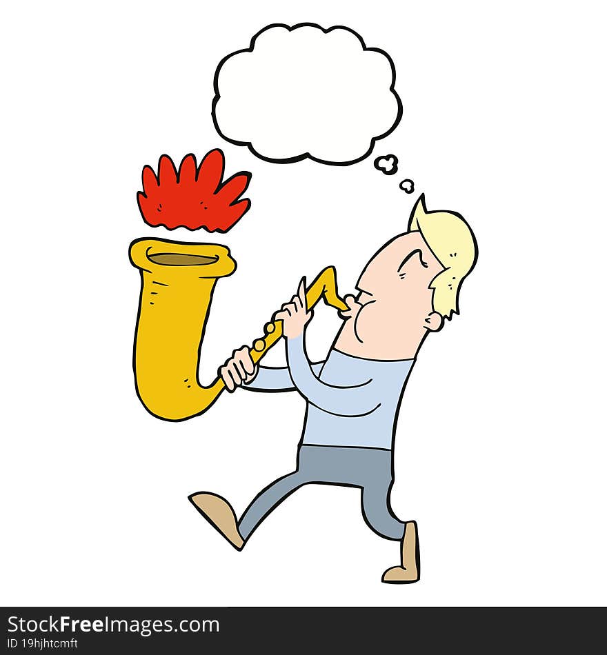 cartoon man blowing saxophone with thought bubble