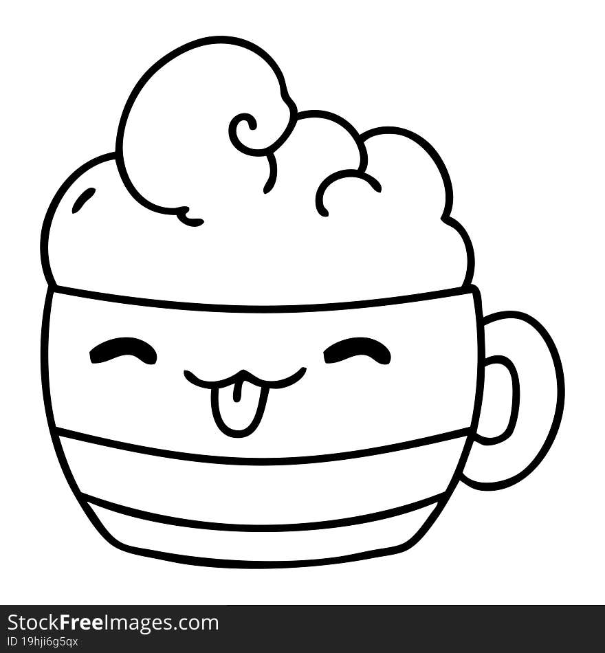 line doodle of a happy cup of coffee with foam. line doodle of a happy cup of coffee with foam