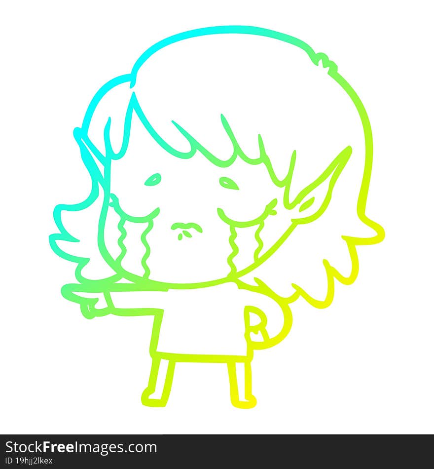 cold gradient line drawing cartoon crying elf girl