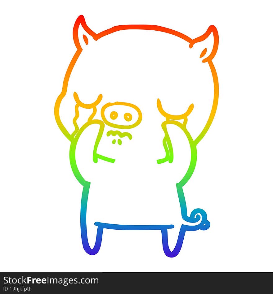 rainbow gradient line drawing of a cartoon pig crying