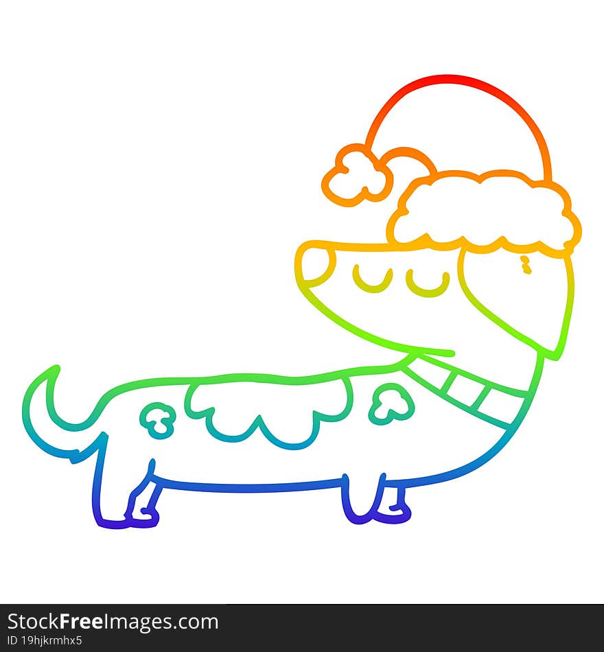 rainbow gradient line drawing of a cartoon dog wearing christmas hat