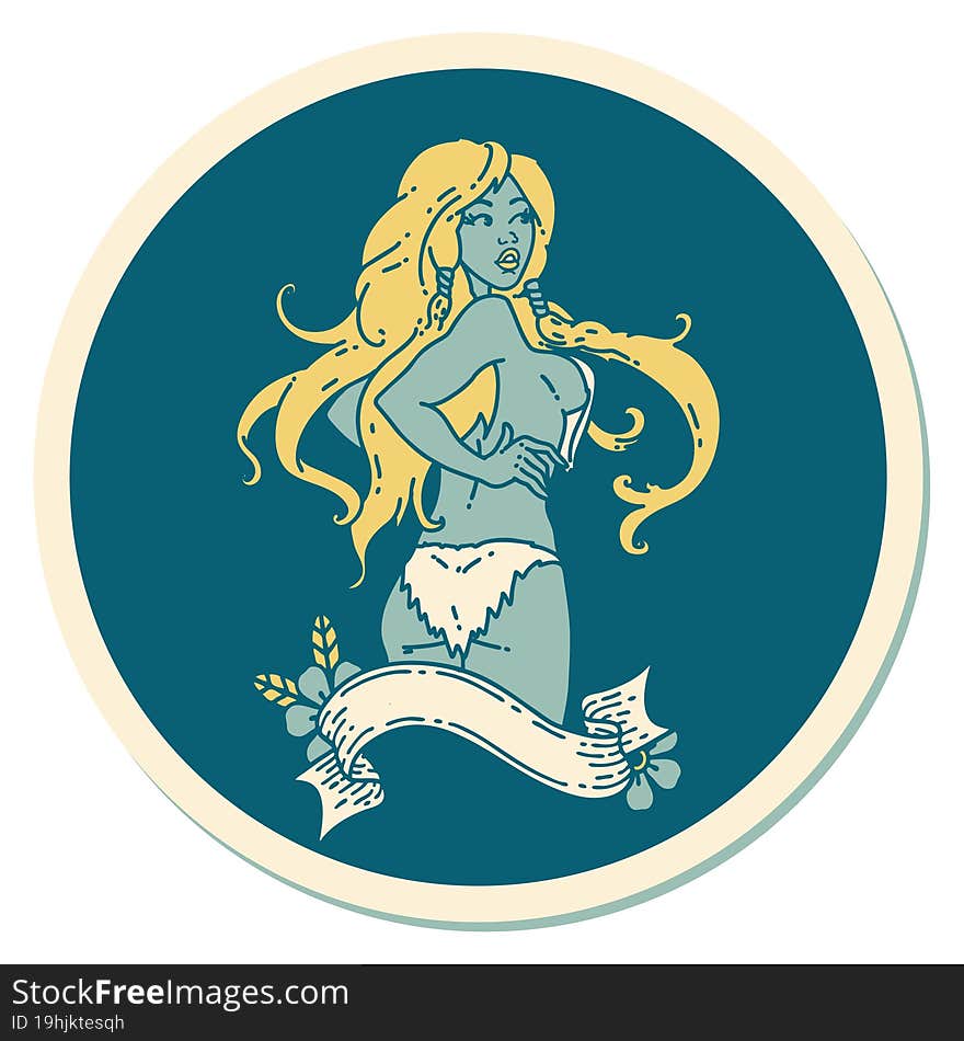 sticker of tattoo in traditional style of a pinup viking girl with banner. sticker of tattoo in traditional style of a pinup viking girl with banner