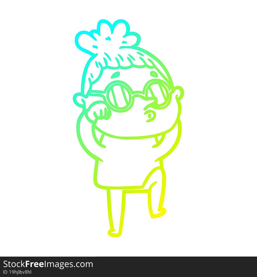 cold gradient line drawing cartoon woman wearing sunglasses