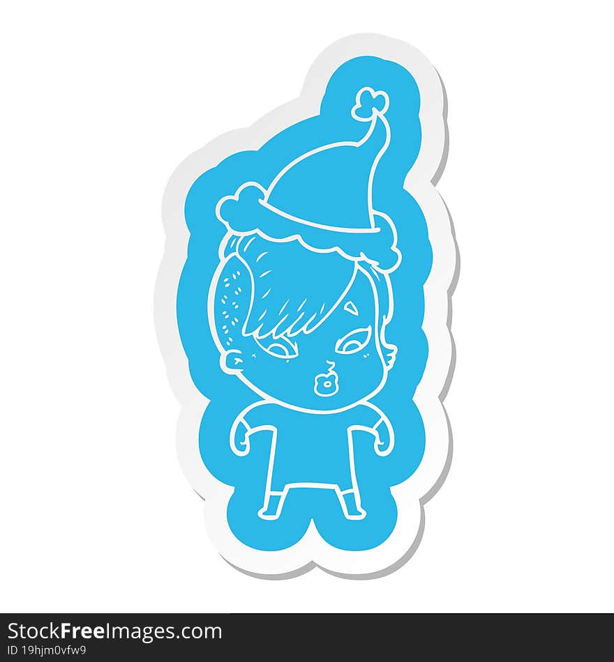 cartoon  sticker of a surprised girl wearing santa hat