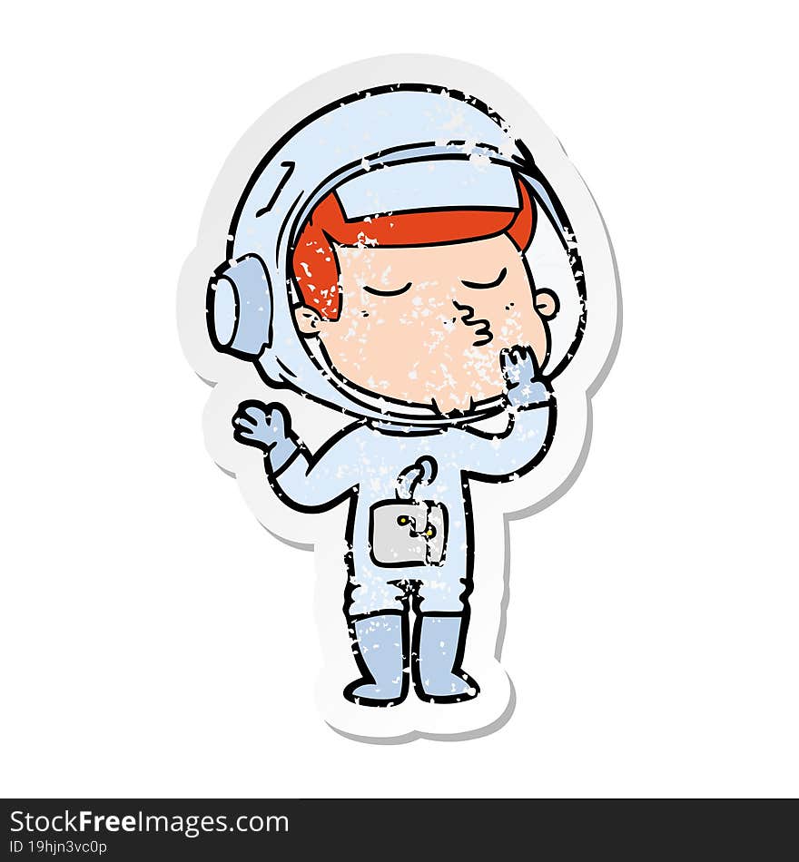 Distressed Sticker Of A Cartoon Confident Astronaut