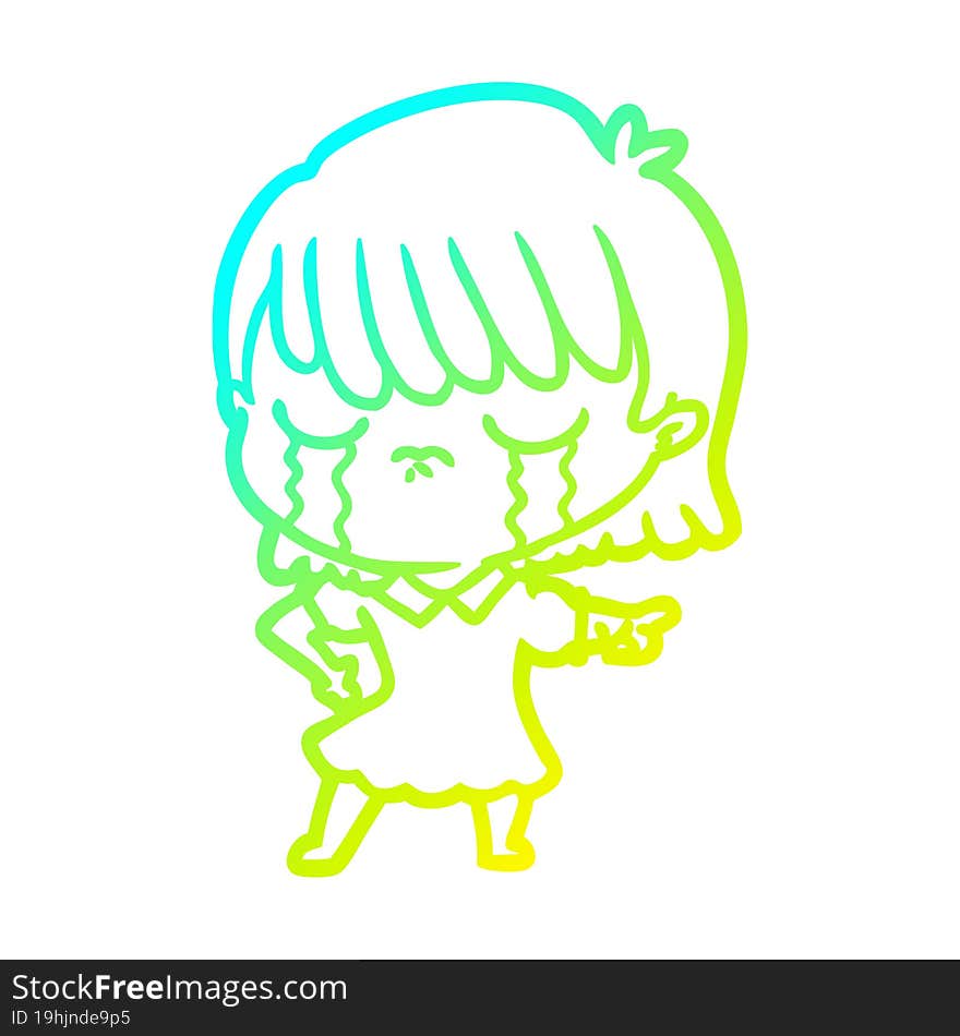 cold gradient line drawing of a cartoon woman crying