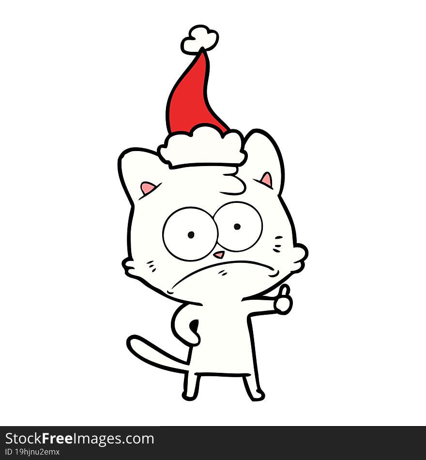 line drawing of a nervous cat wearing santa hat