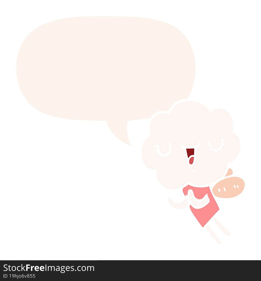 cute cartoon cloud head creature and speech bubble in retro style