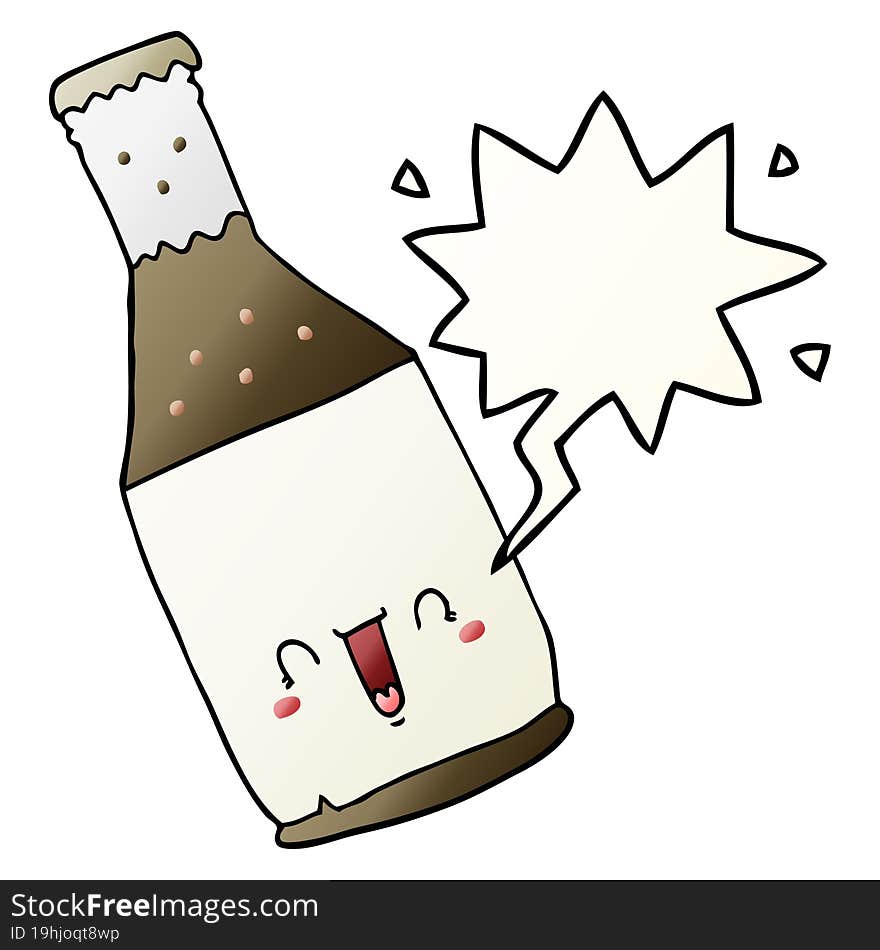 cartoon beer bottle and speech bubble in smooth gradient style