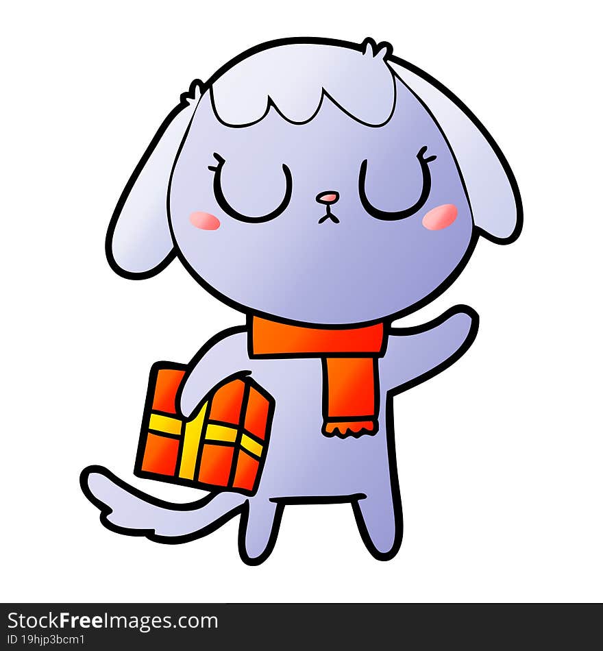 cute cartoon dog with christmas present. cute cartoon dog with christmas present