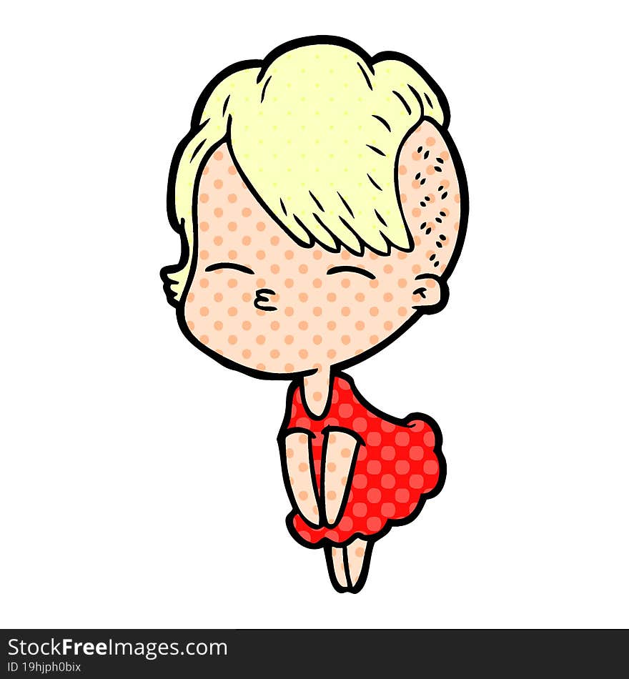 cartoon squinting girl in dress. cartoon squinting girl in dress