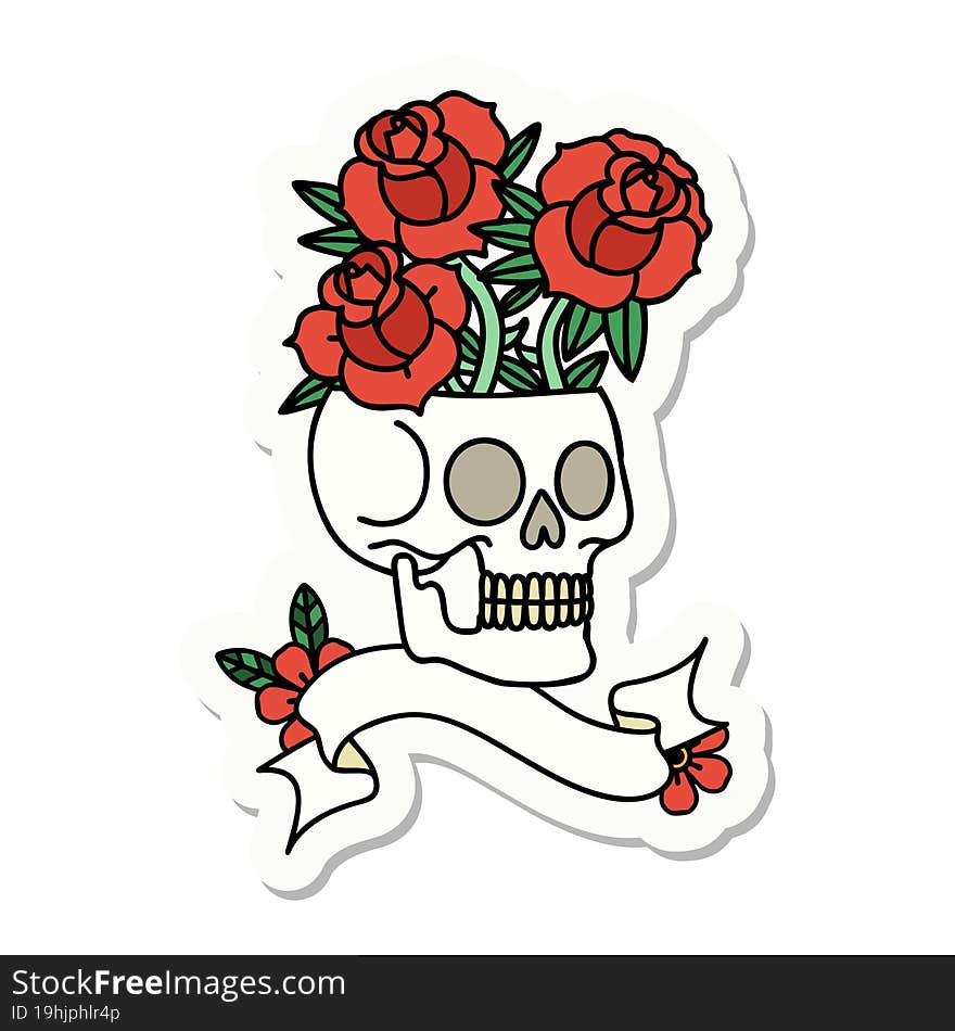 tattoo sticker with banner of a skull and roses