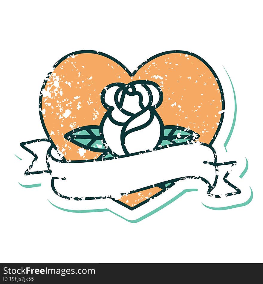 Distressed Sticker Tattoo Style Icon Of A Heart Rose And Banner