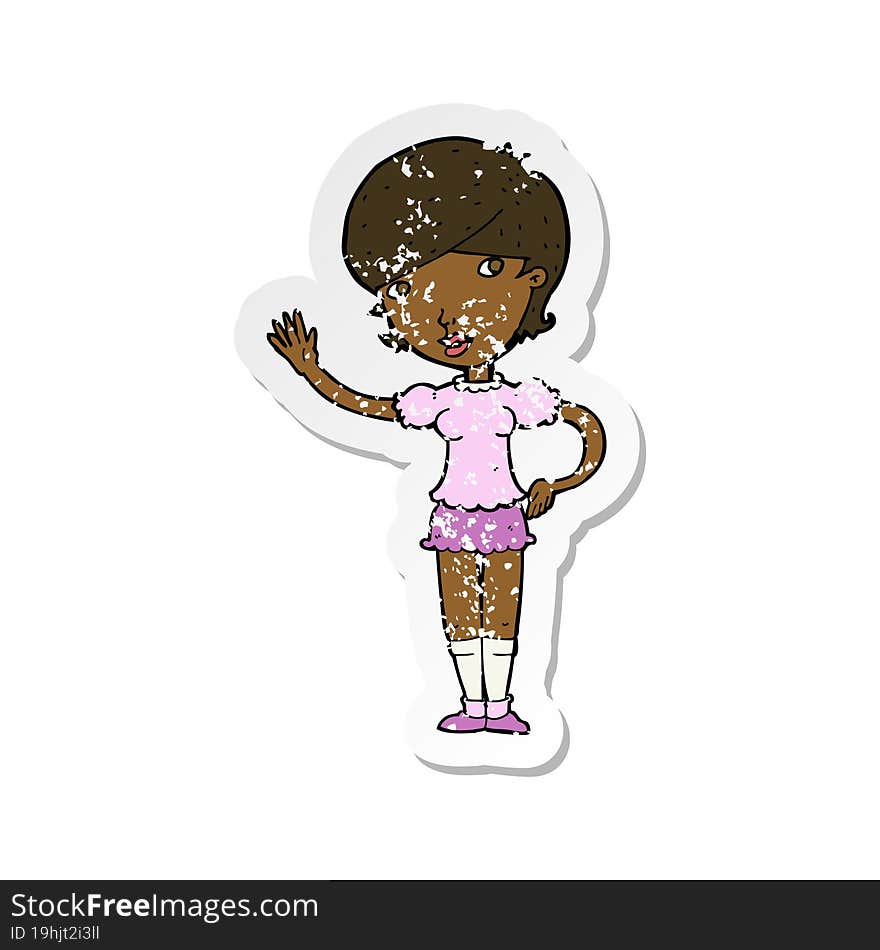 retro distressed sticker of a cartoon girl waving