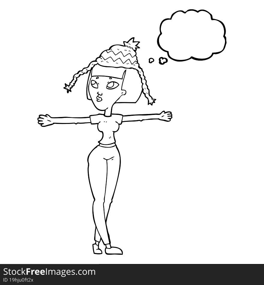 thought bubble cartoon woman wearing hat