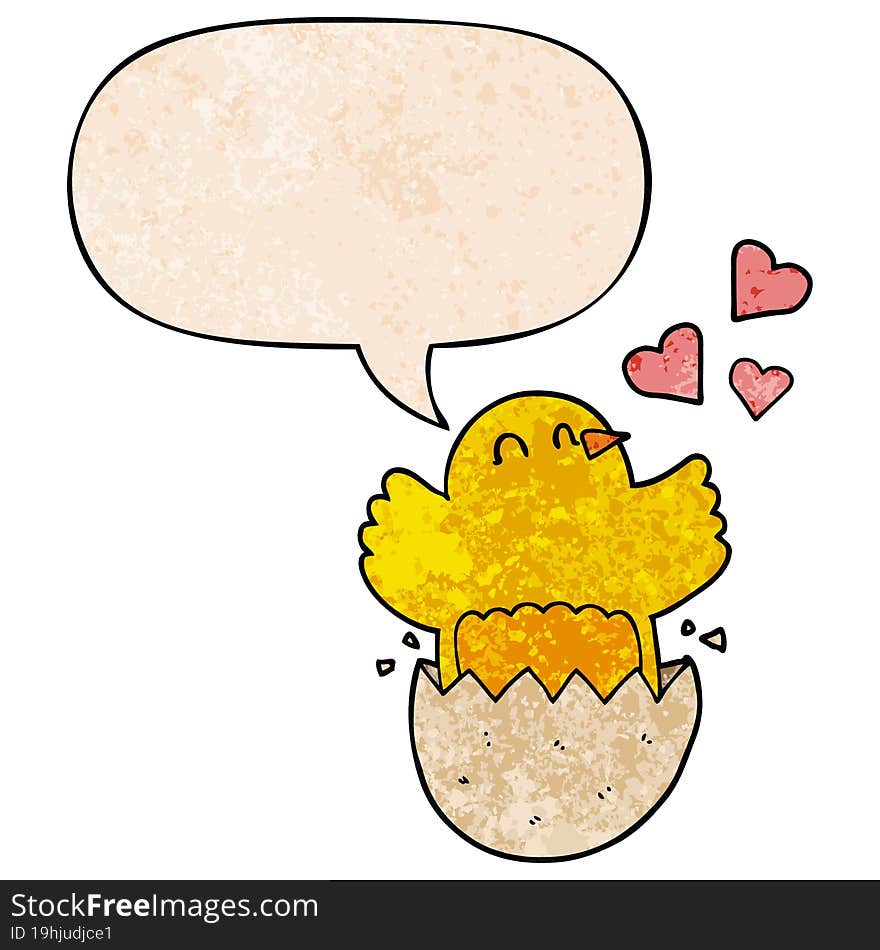 cute hatching chick cartoon with speech bubble in retro texture style