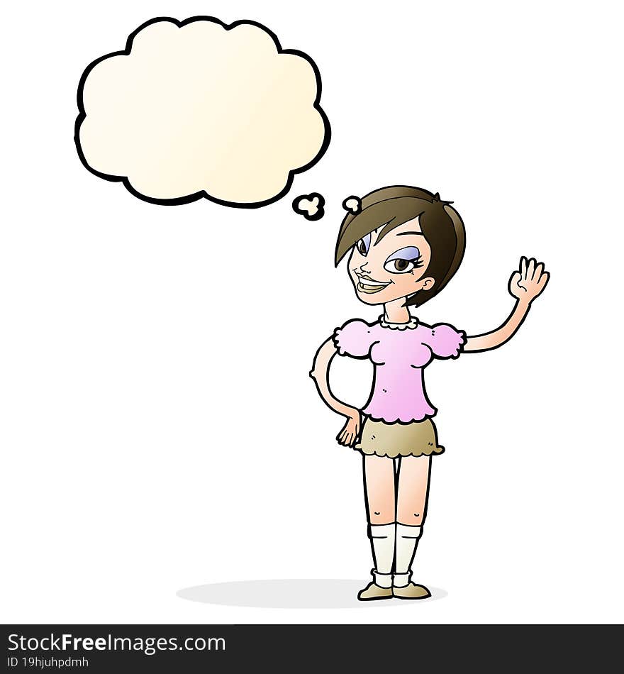 Cartoon Waving Woman With Thought Bubble