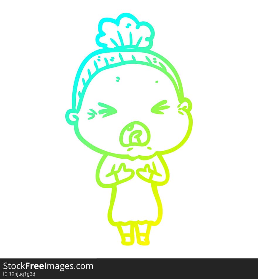 Cold Gradient Line Drawing Cartoon Angry Old Woman