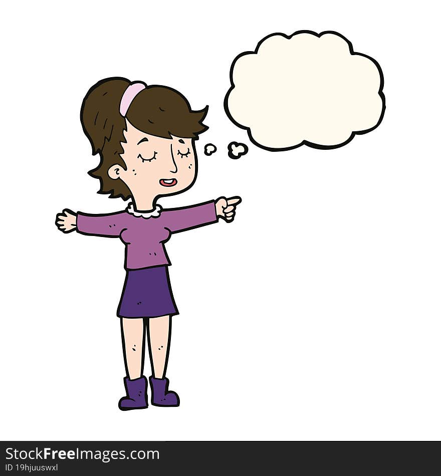 Cartoon Happy Woman Pointing With Thought Bubble