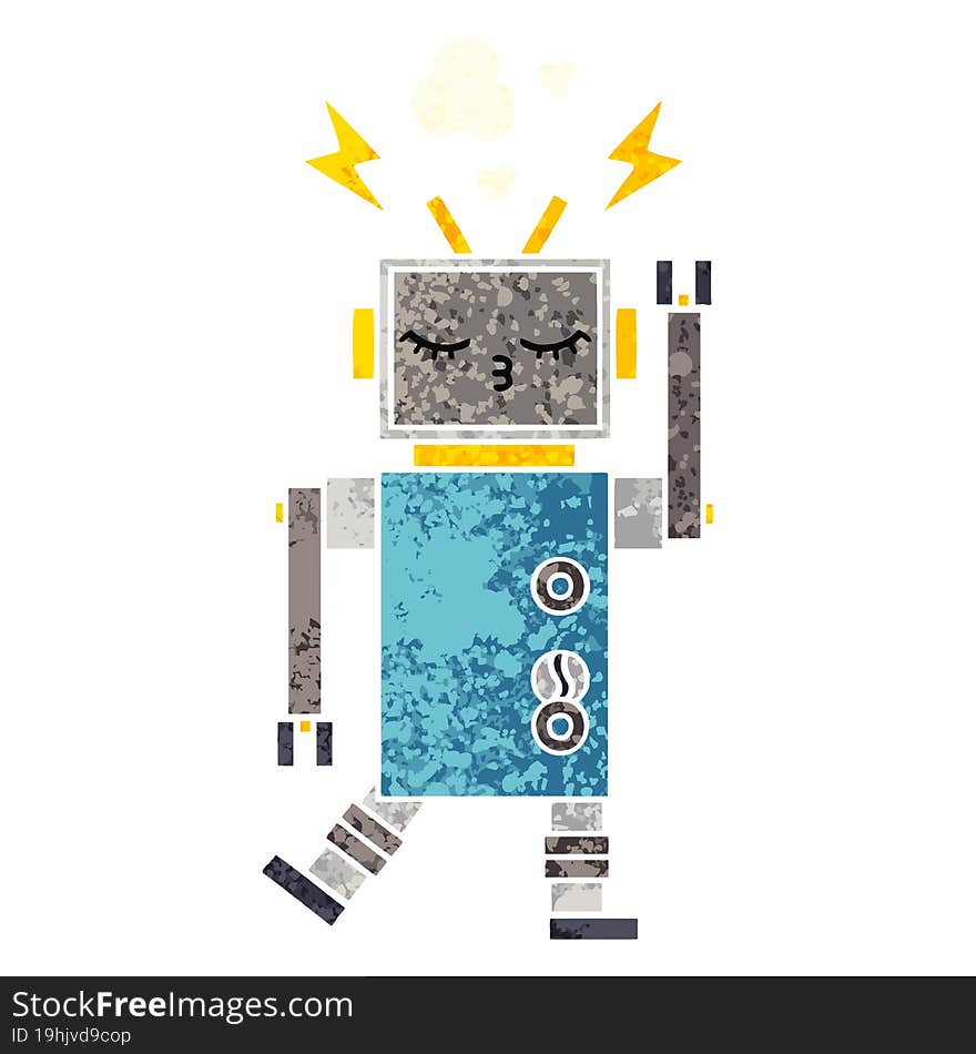 retro illustration style cartoon of a malfunctioning robot