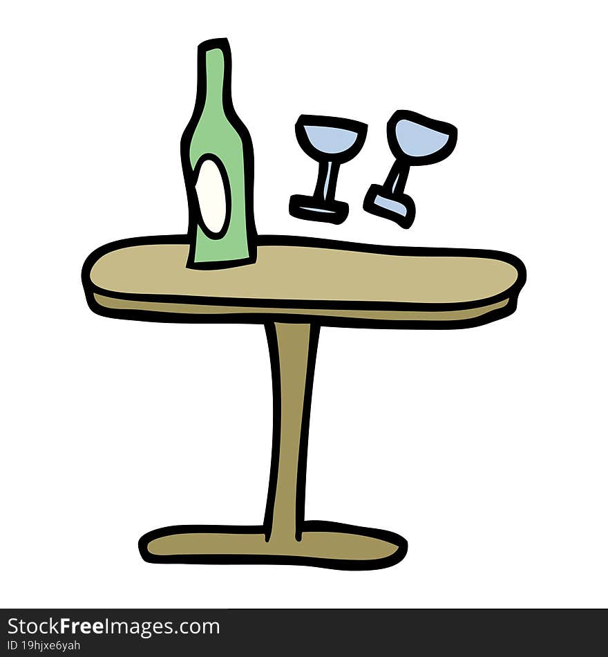 hand drawn doodle style cartoon table with bottle and glasses