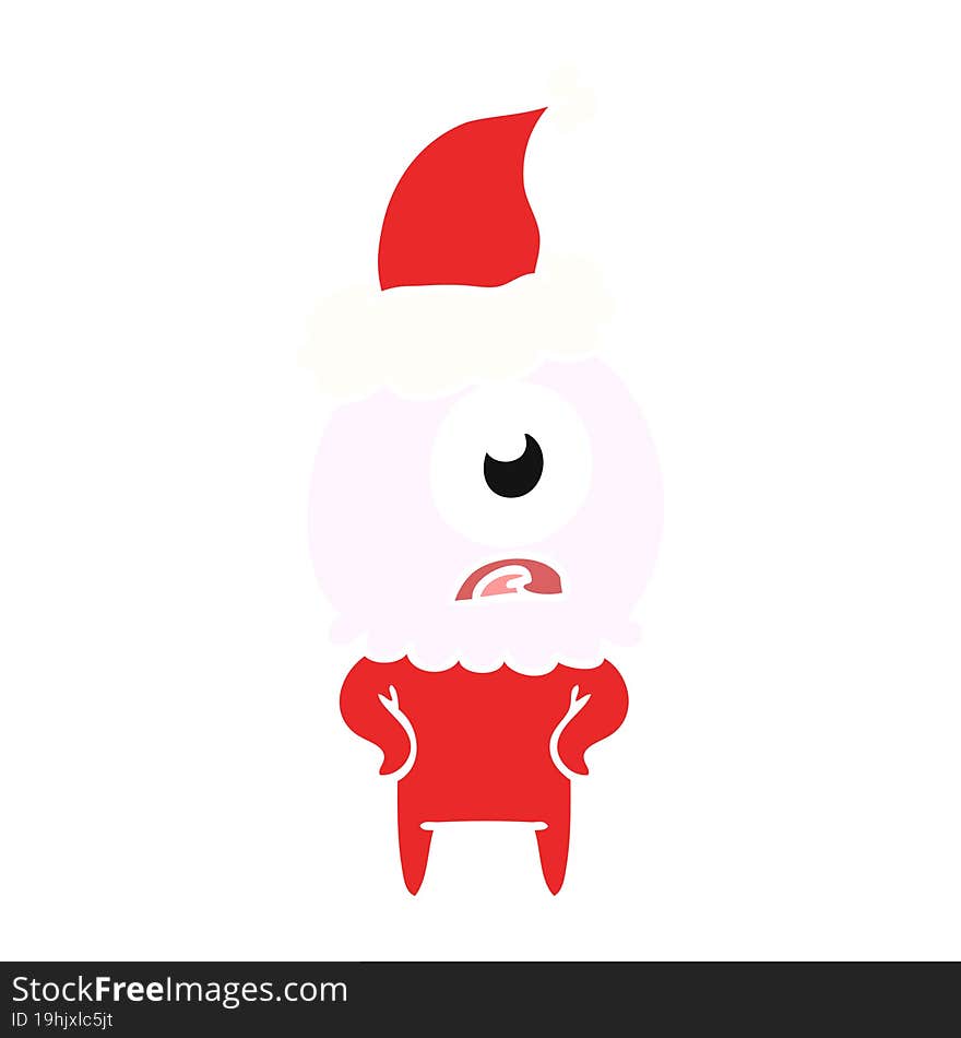 hand drawn flat color illustration of a cyclops alien spaceman wearing santa hat