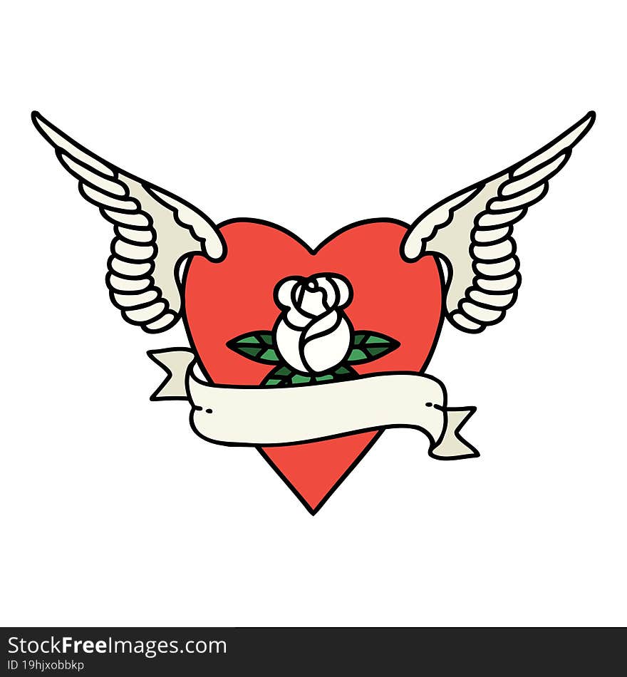 tattoo in traditional style of heart with wings a rose and banner. tattoo in traditional style of heart with wings a rose and banner