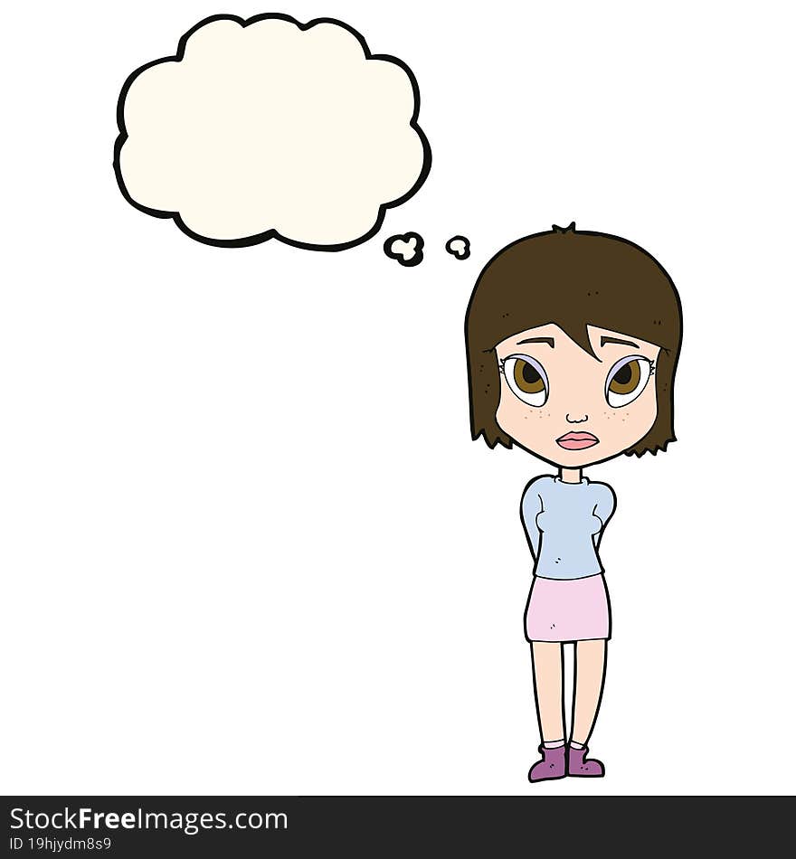 cartoon shy girl with thought bubble