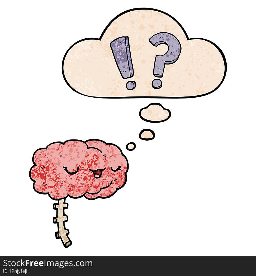 cartoon curious brain and thought bubble in grunge texture pattern style