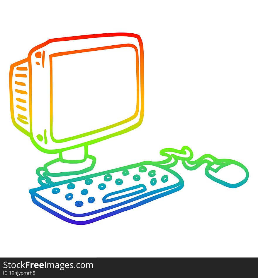 rainbow gradient line drawing of a cartoon office computer