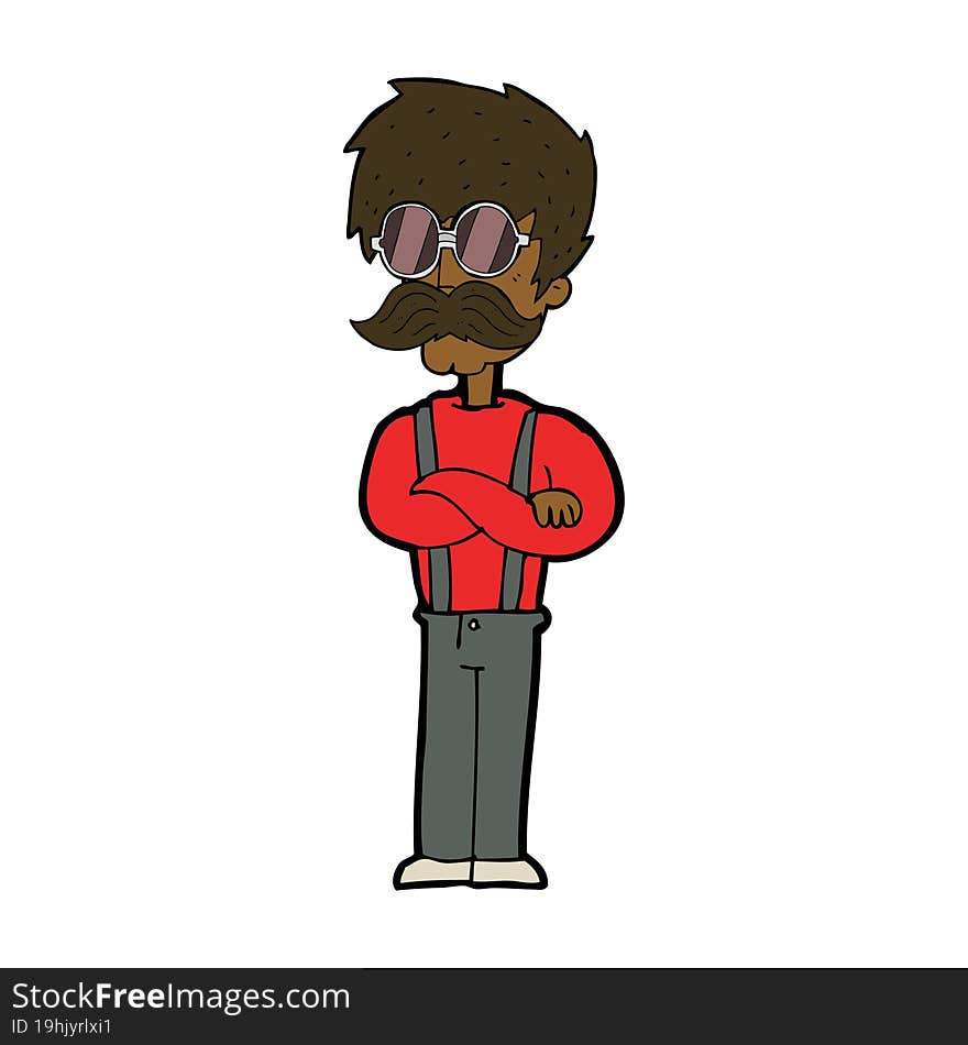 cartoon hipster man with mustache and spectacles