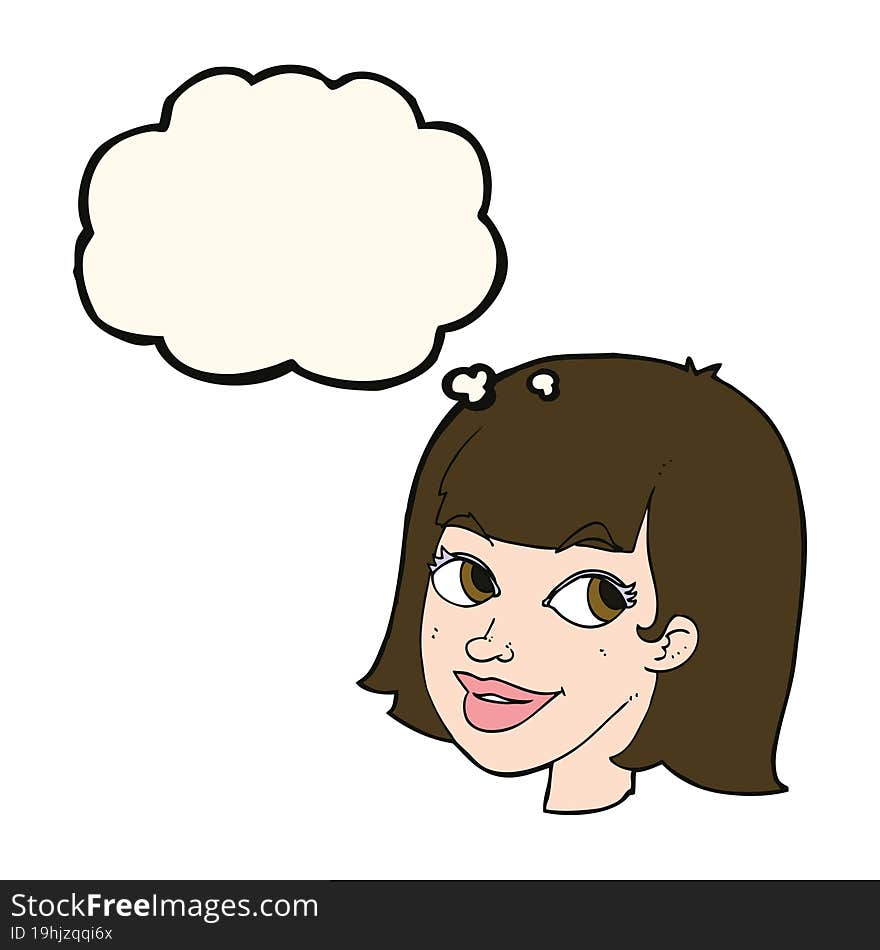 cartoon happy female face with thought bubble