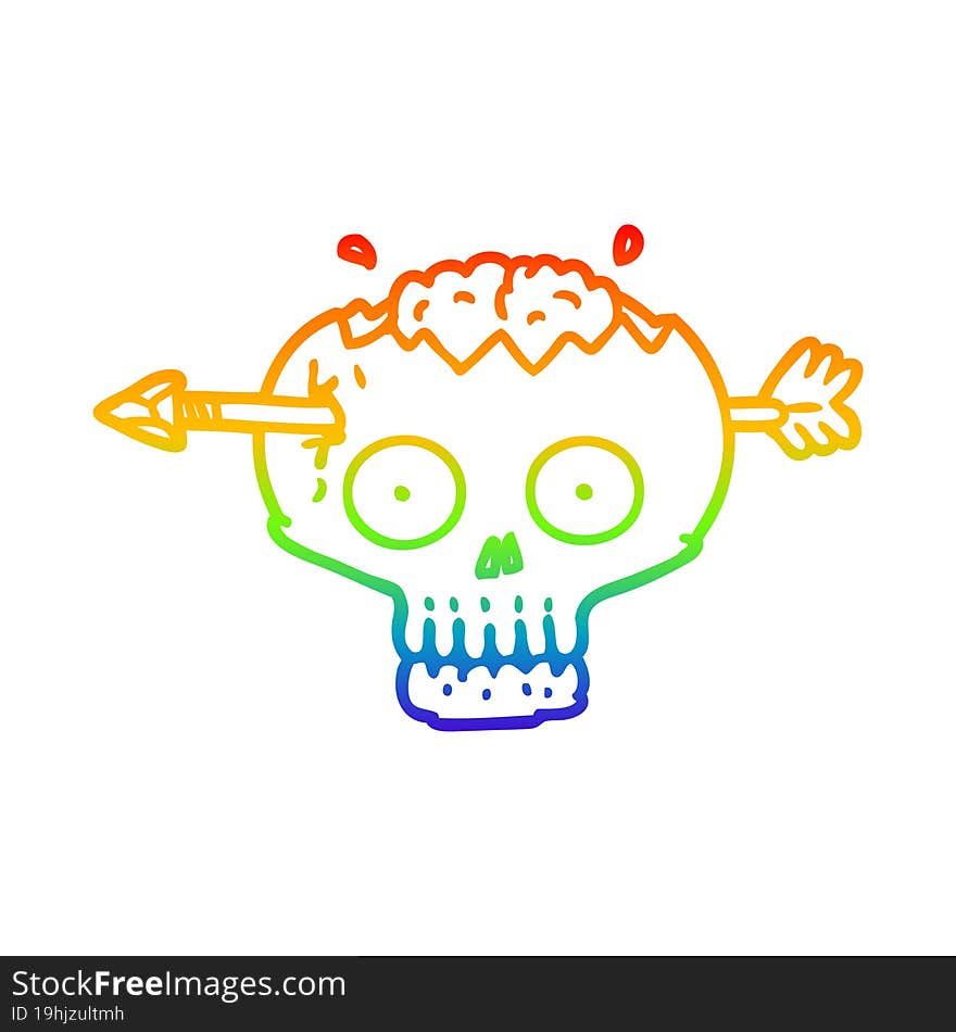 Rainbow Gradient Line Drawing Cartoon Skull With Arrow Through Brain