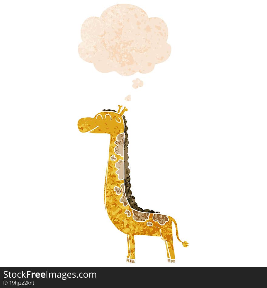 cartoon giraffe with thought bubble in grunge distressed retro textured style. cartoon giraffe with thought bubble in grunge distressed retro textured style