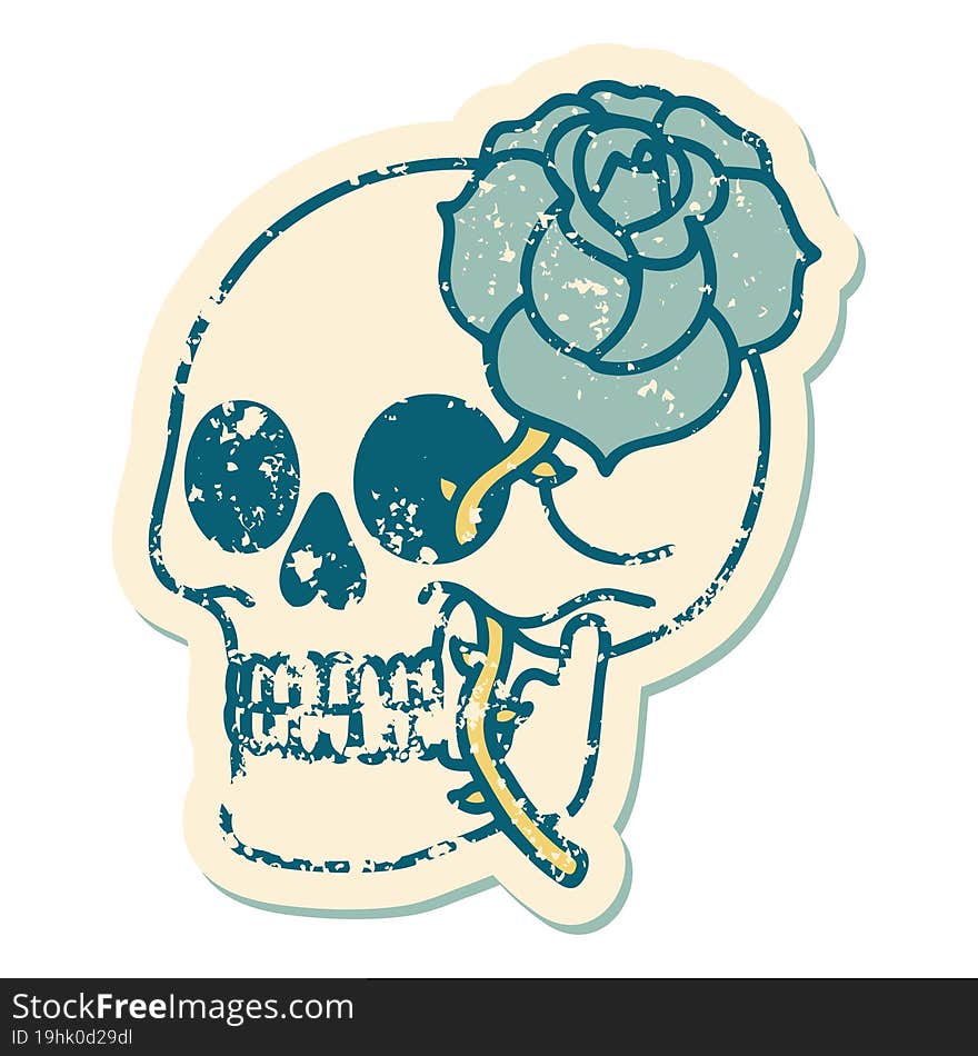 Distressed Sticker Tattoo Style Icon Of A Skull And Rose